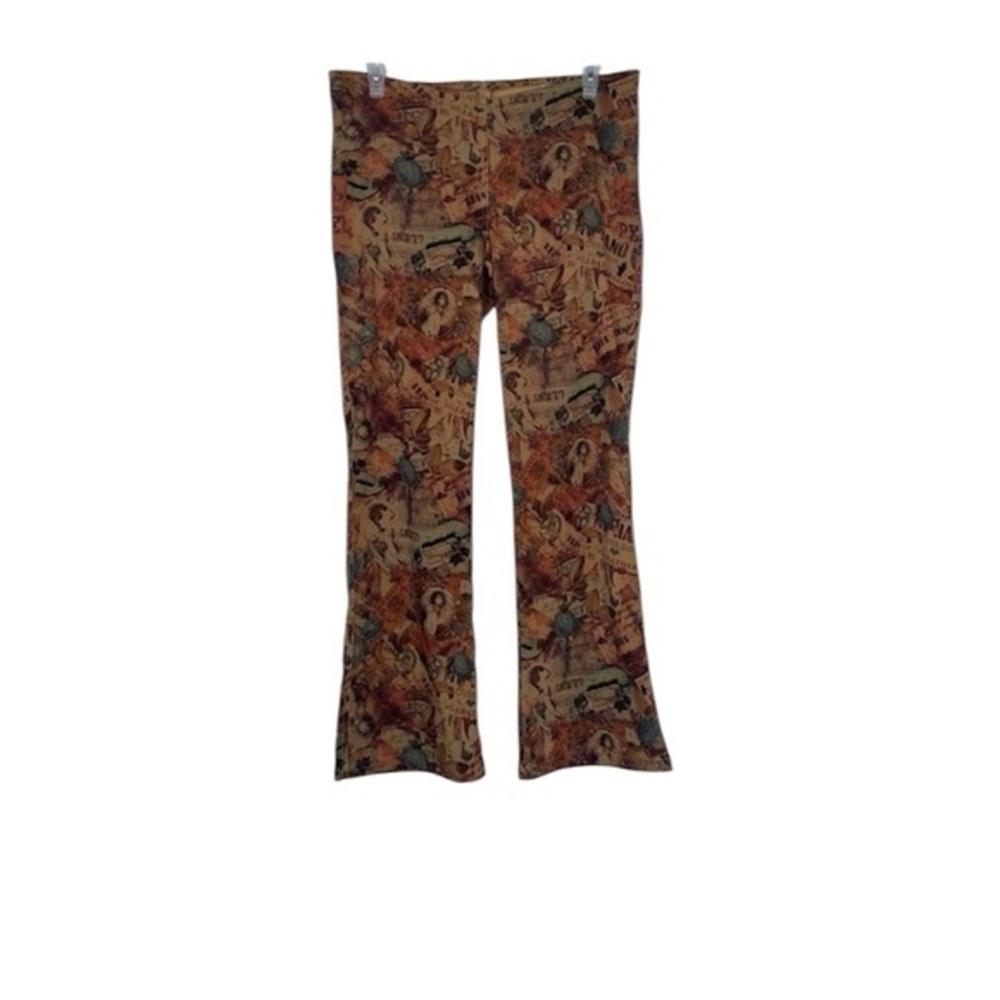 Talusa Rose Vintage Boho Collage Print Flared Pants 90s Y2K Artsy Retro Eclectic